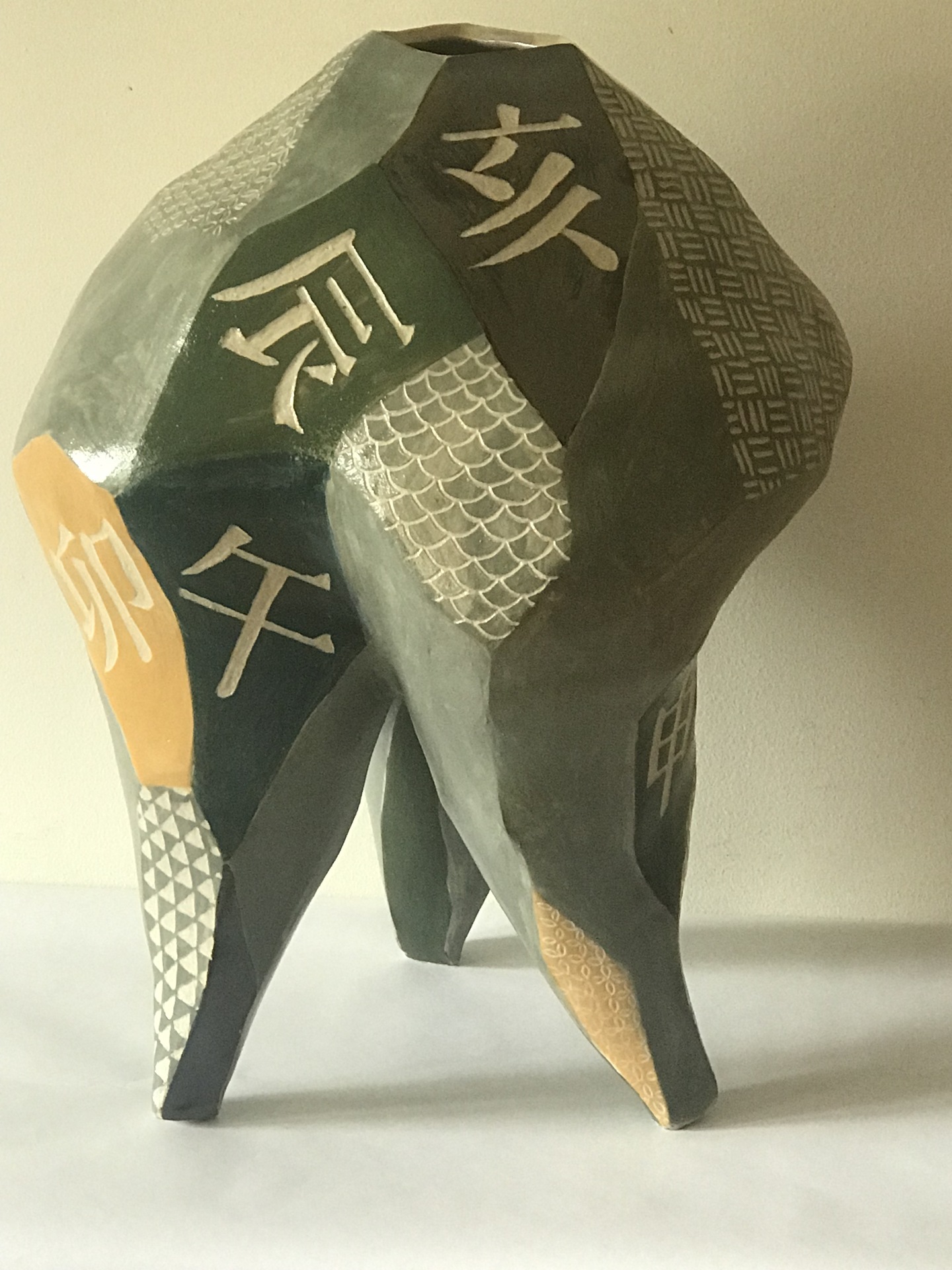 Mariko Bird High Fire Stoneware Abstract Sculpture with Asian Characters 