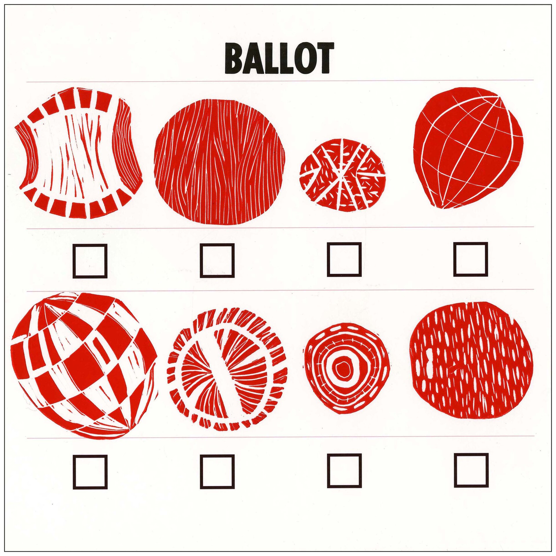 Diane Fine Linocut digital print of checkboxes on a ballot with abstract figures where the candidates name would appear