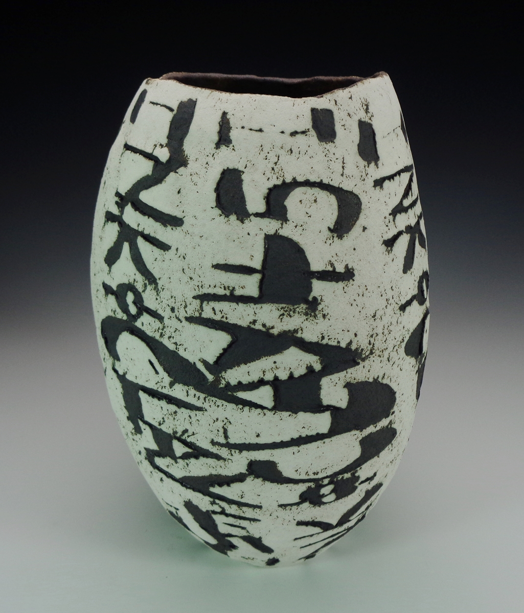 Mark Hendrickson ceramic vessel with Ink and Clay incribed vertically on the surface