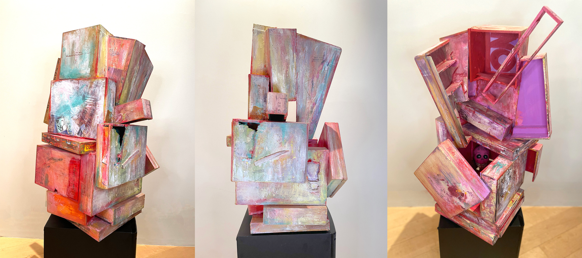 Julienne Johnson sculpture collages using Chinese ink, acrylic, printer's ink and conte crayon