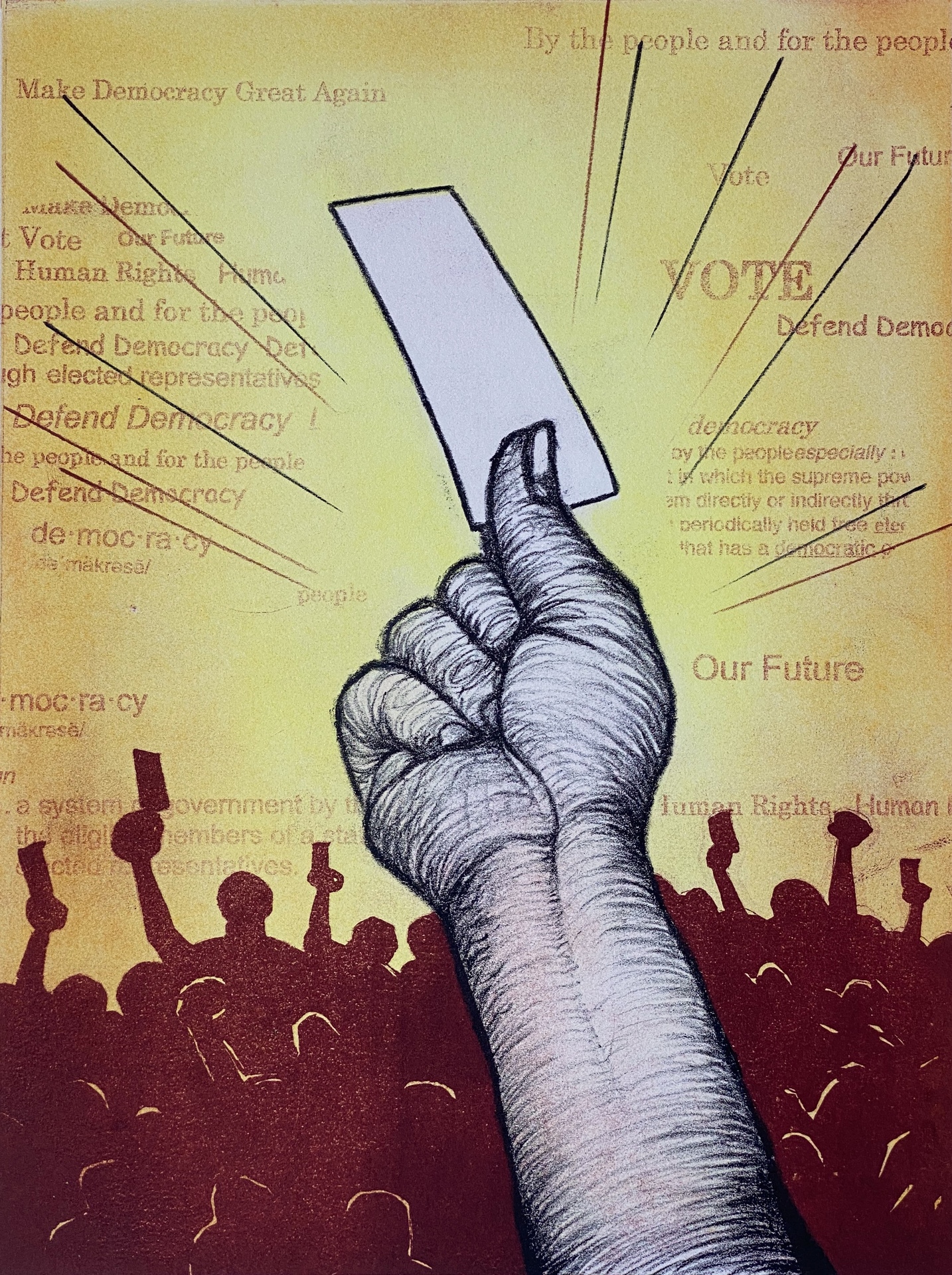 Mako Lanselle lithograph of a hand holding a ballot with a crowd in background in silhouette holding up ballots