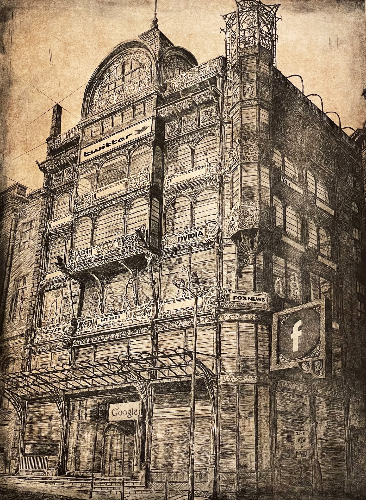 Andrew Lawson etching in sepia tone of a musical instrument museum in Brussels with added signage depicting social media companies and the discussion about their use to spread disinformation 