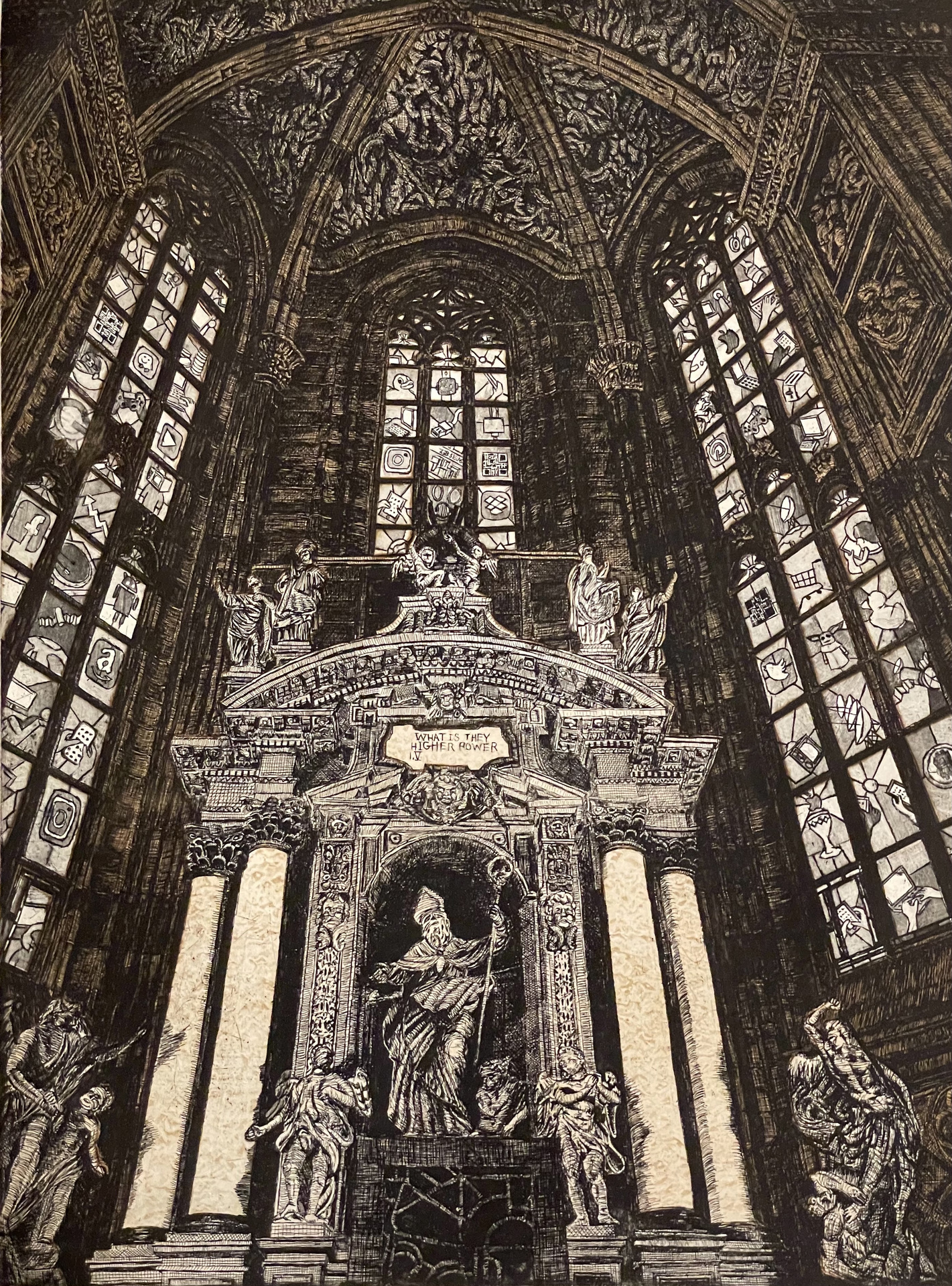 Andrew Lawson etching of Cathedral of Milan with modern consumer trends depicted in the stain glass windows