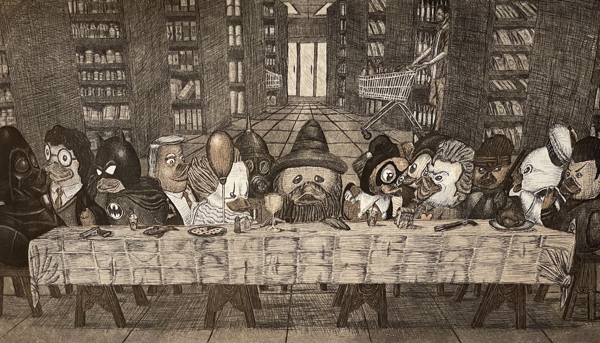 Alex Lawson etching of a Last Supper motif with cartoon-like duck figures within a super market environment. The piece is a satirical statement of current popular consumerism trends.