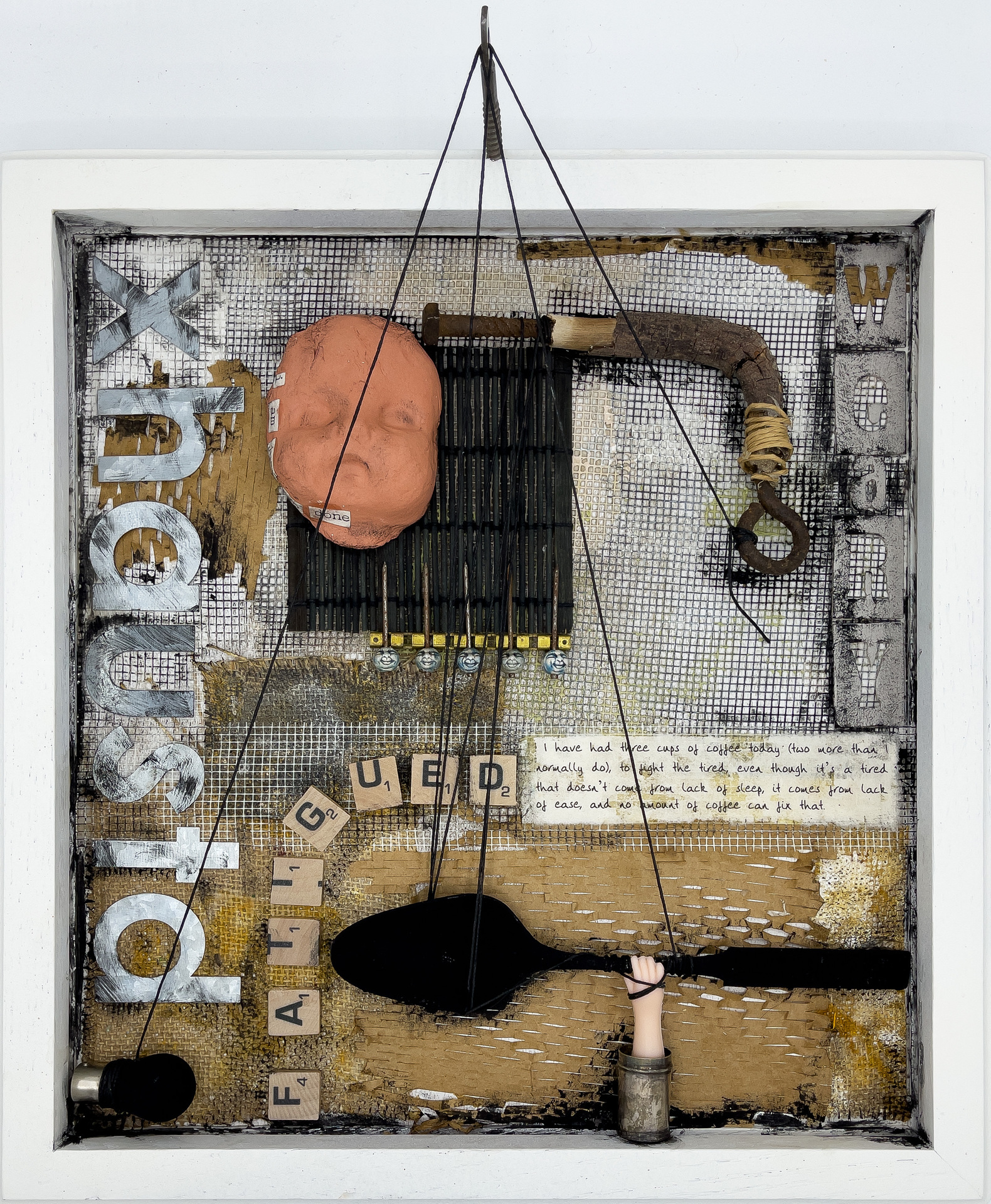 Monica Marks mixed media collage with text and figures depicting the exhaustion of care givers during the Covid 19 pandemic.