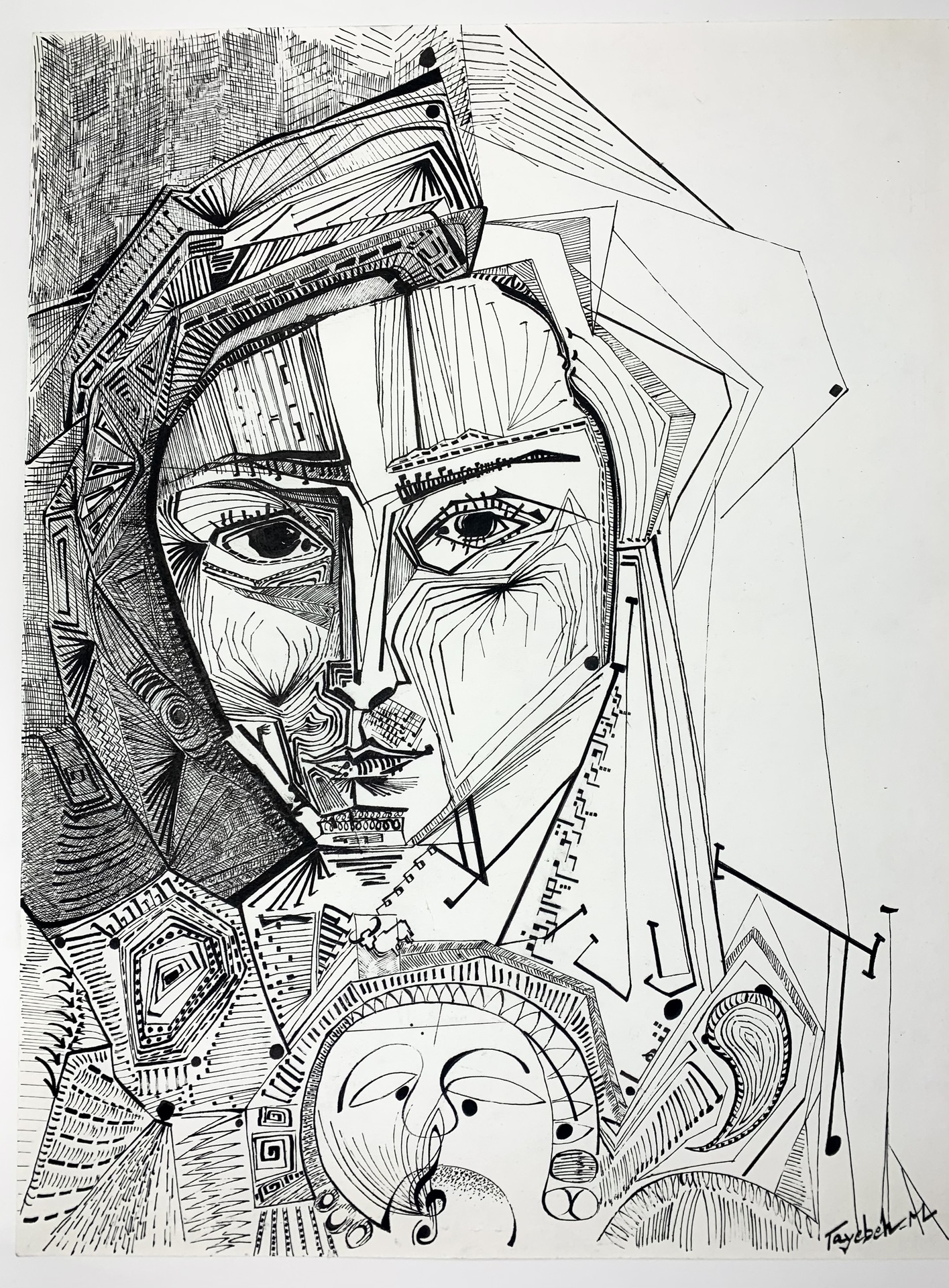 Shahin T. Massoudi black and white Ink self portrait drawn with symbols and depicts women's struggles against misogyny and sexism.