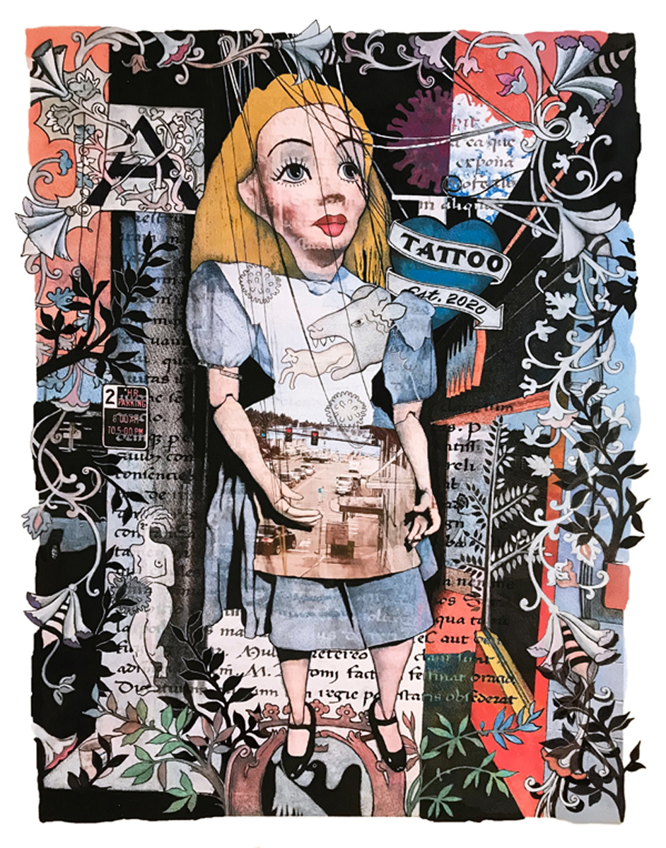 Babette Mayor monoprint with colored pencils and gouache. Titled Alice is Only a Puppet.