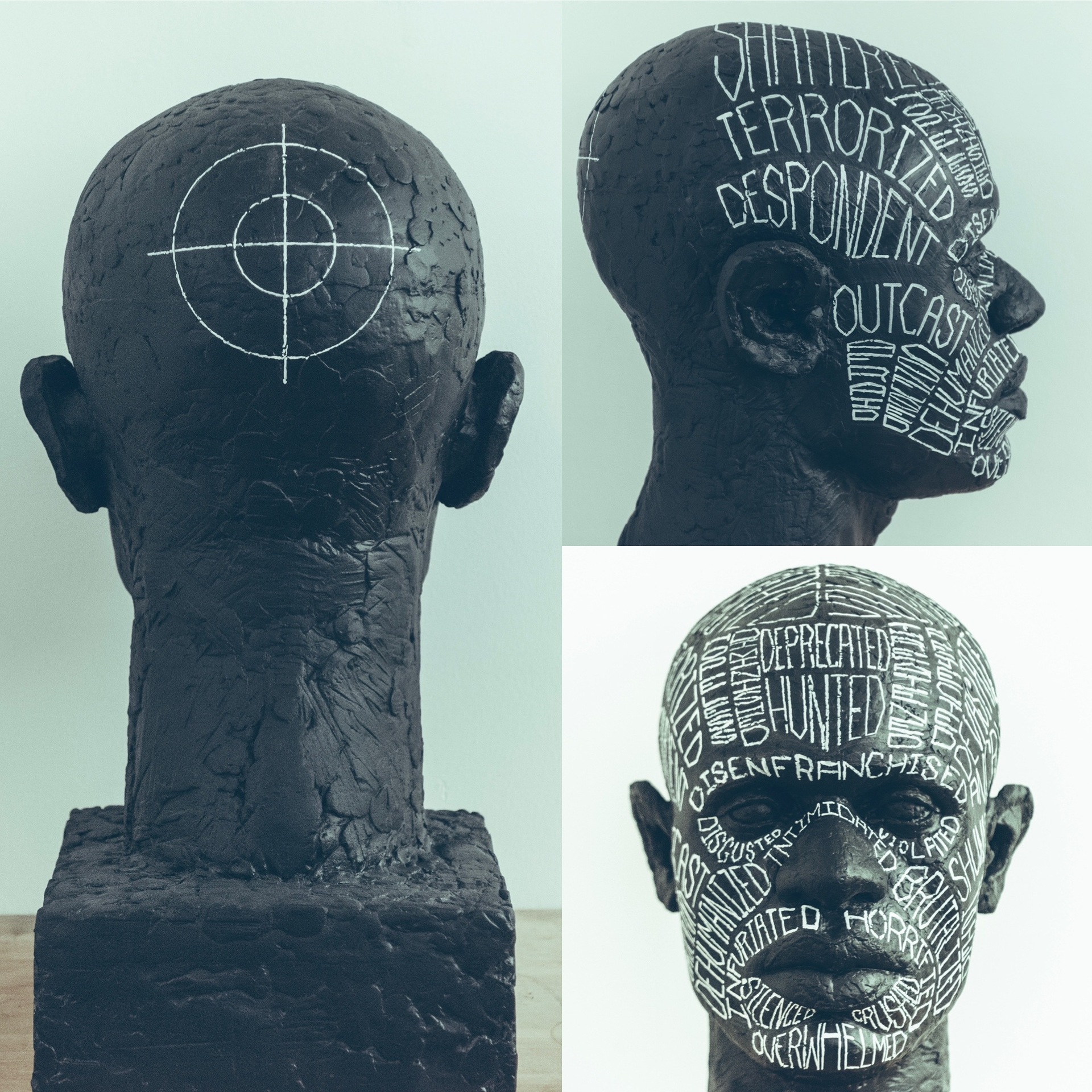 Jason McCormack clay sculpture self portrait inscribed with text that desccribes the experience and perceptions of African Americans.