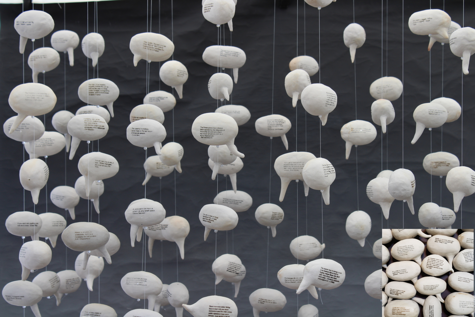 Marie Nagy created porcelain suspended thought balloons for permanently preserving thoughts and ideas.