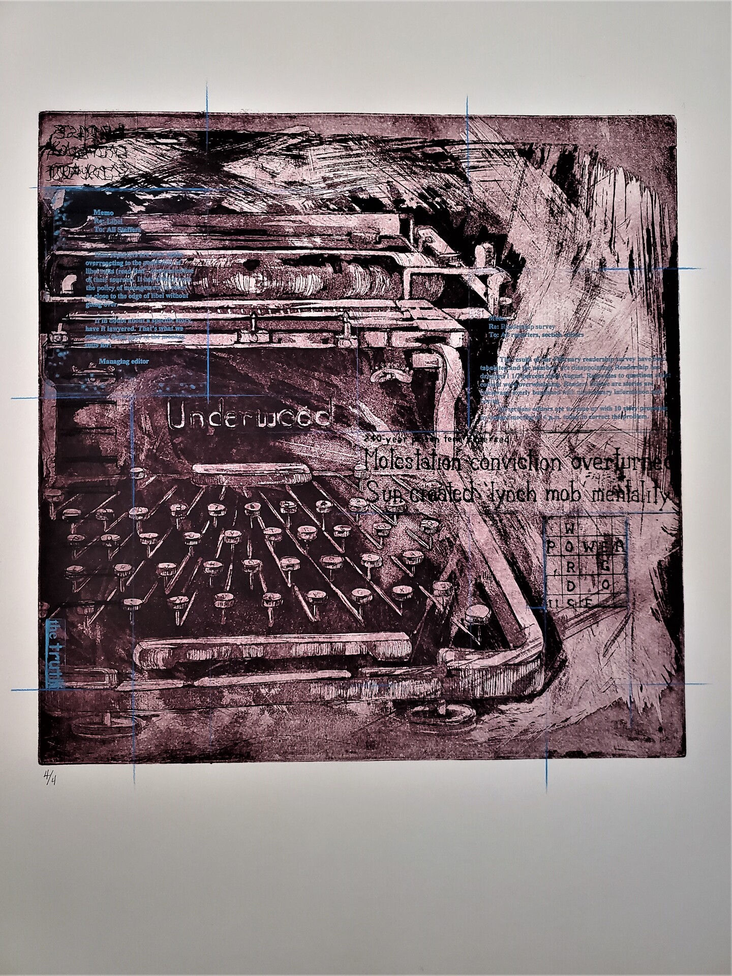 Christine Niswonger multiple plate etching of Underwood Typewriter depicting misuse and abuse of power she observed from her years as a reporter and editor.