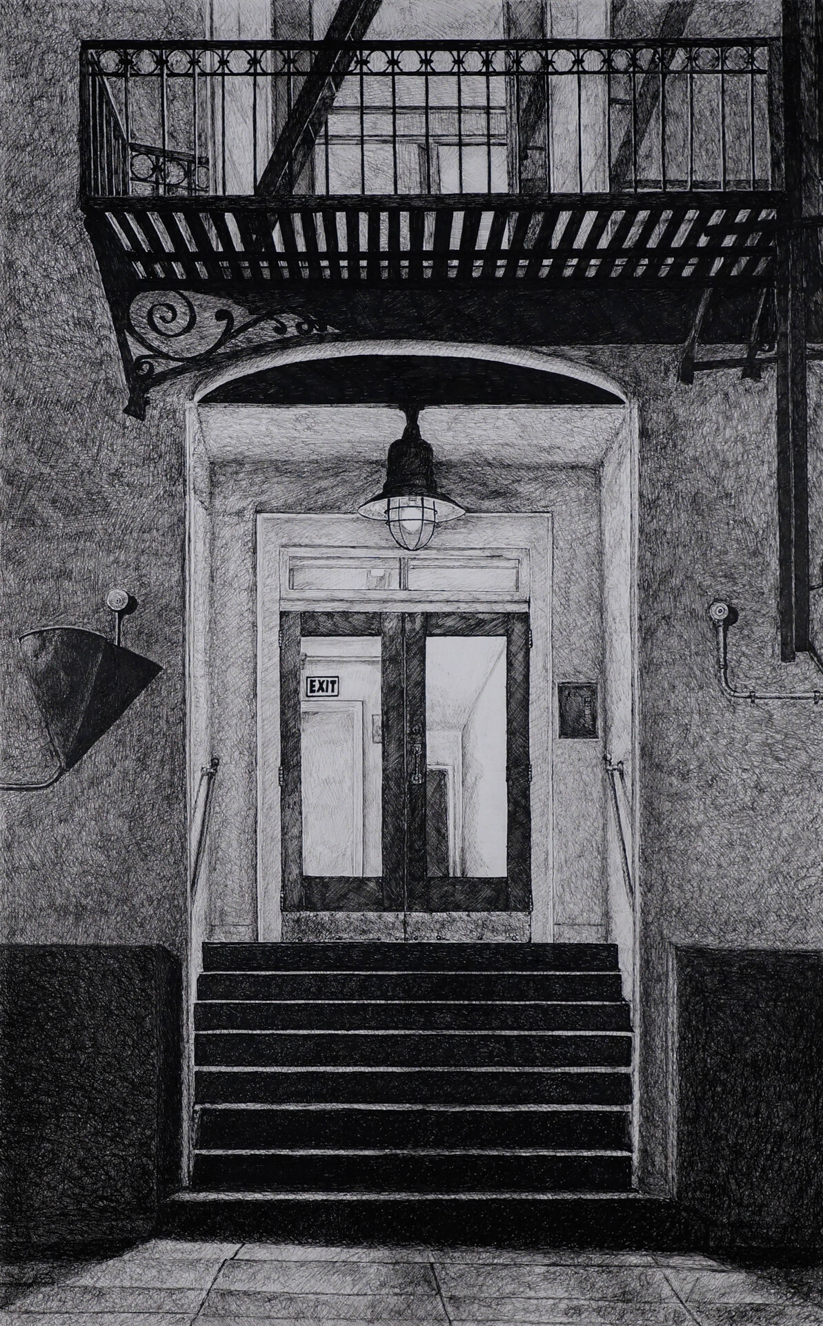 Michael Paidea Black and White drawing of an entrance to a cheap apartment building he describes as a place of opportunity or last resort. 