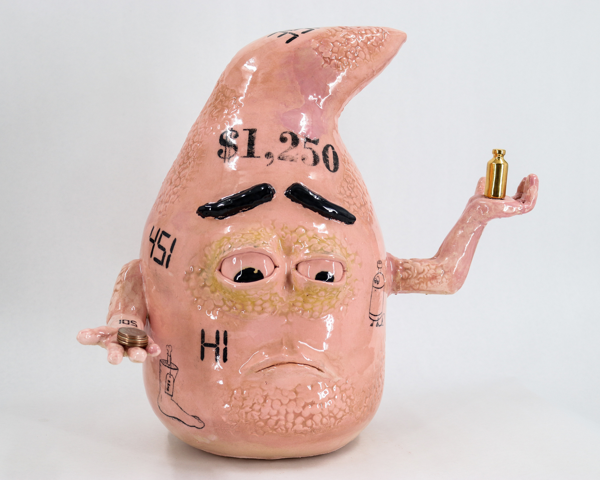 Mick Schoon clay figure with distressed facial expression and arms holding objects that depict the dilemma of making difficult choices between paying for health and other life necessities.