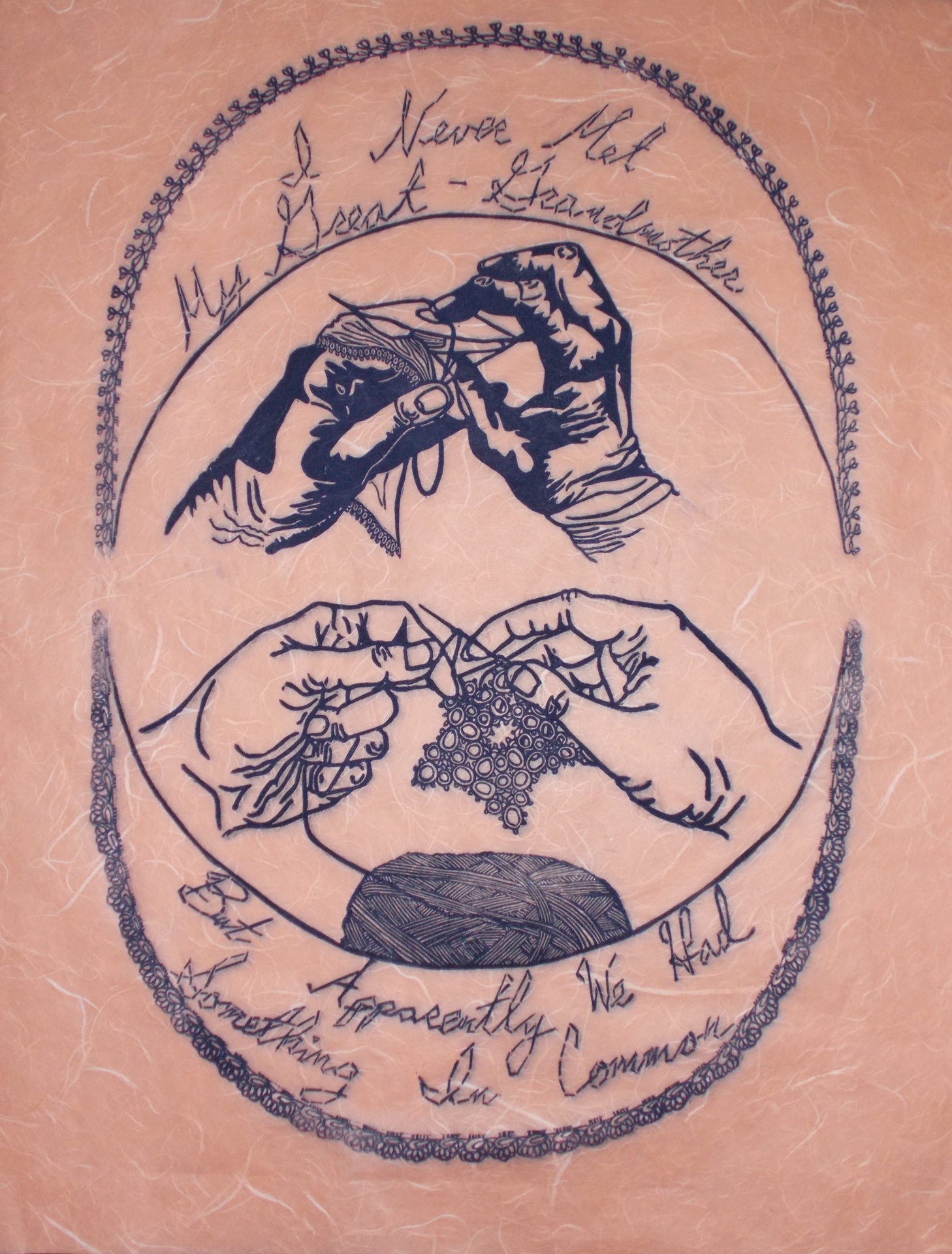Rebecca Spilecki relief print depicting two close up sets of hands sewing and doing crochet that represent a span of generations. The text reads: “I never met my great grandmother, but apparently we had something in common.”