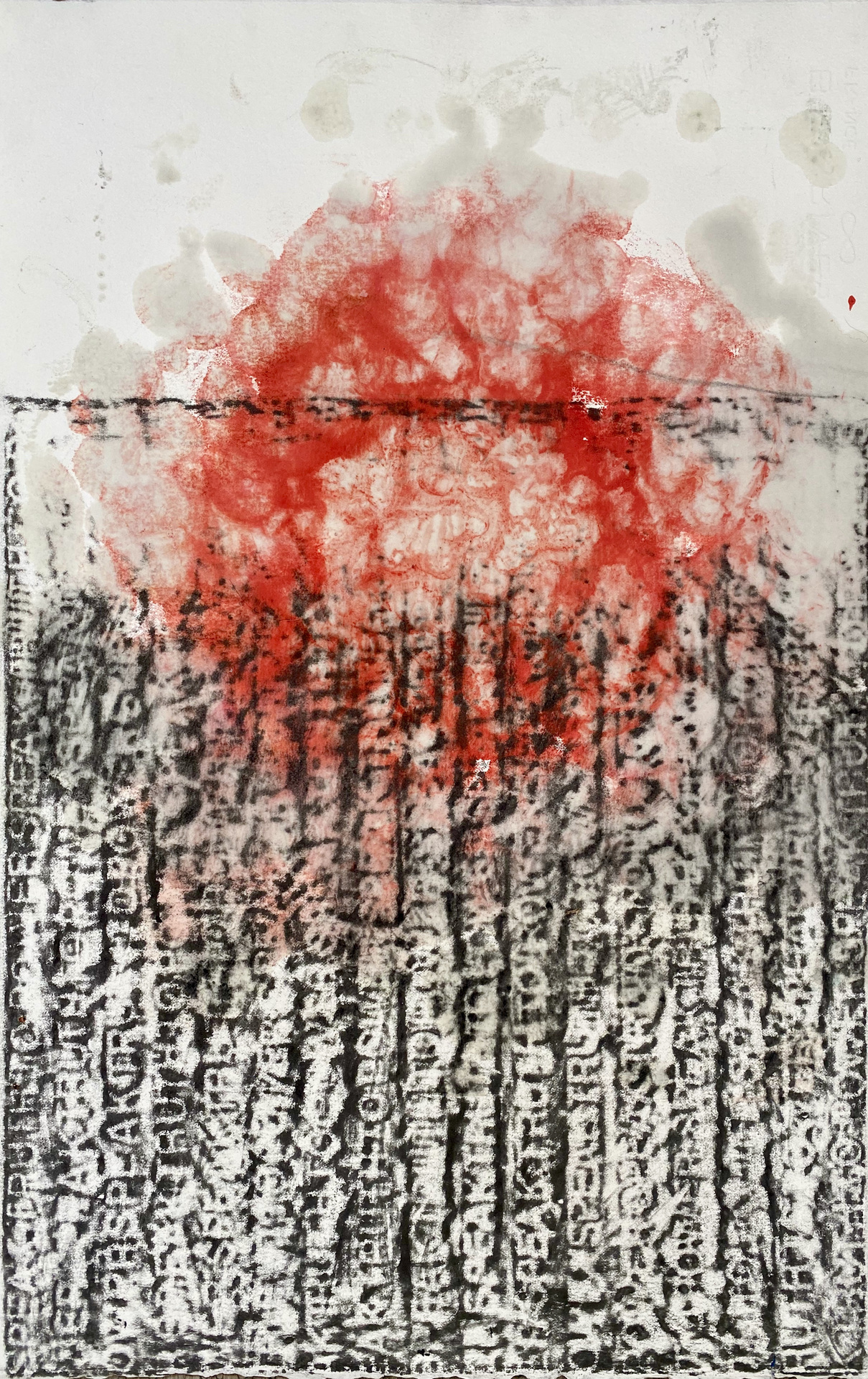 Caryl St. Ama uses encaustic paint and encaustic monotype to create this work with the message “Speak Truth to Power” blended tnto the art work. 