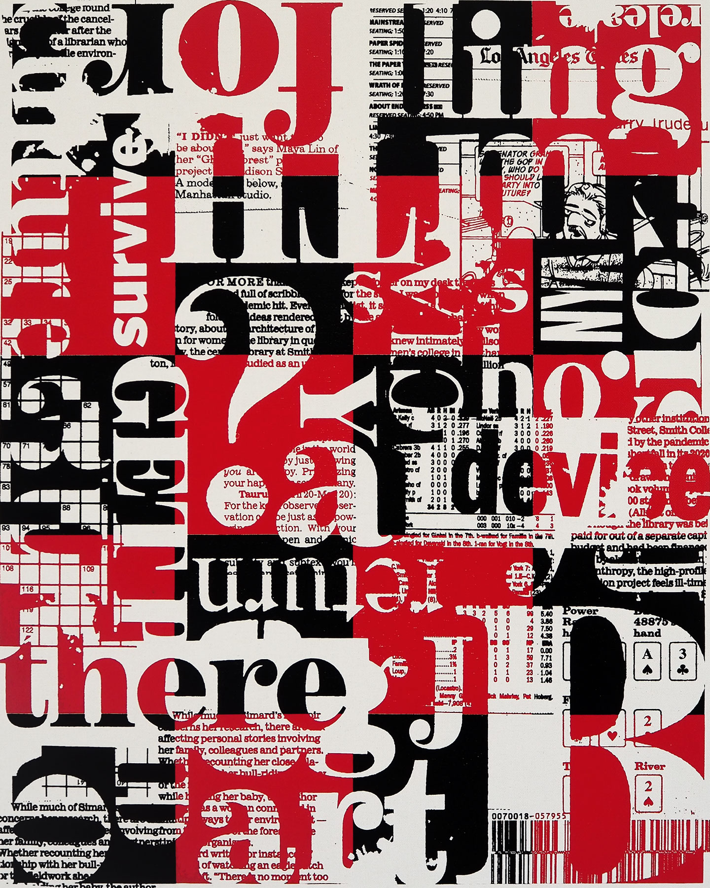 Howard Steenwyk created this 2 color (red and black on canvas) collage of graphic elements from the May 9th 2021 edition of the Los Angeles Times newspaper.