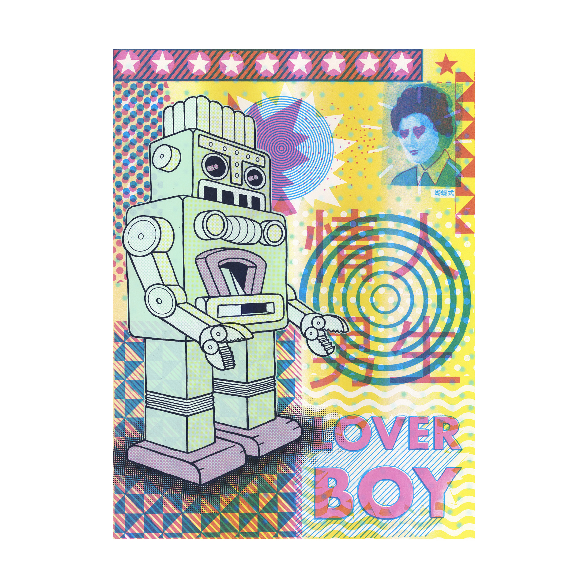Chadwick Tolley sceenprint, titled Lover Boy, is a collection of images, sketches and textures, the central figure a robot.